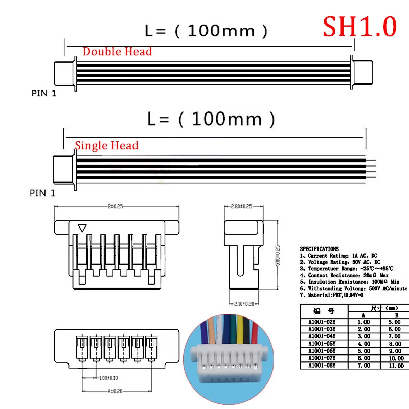 10Pcs SH1.0mm JST Connector Terminal 4 Inch Female Socket Cable 2/3/4/5/6/7/8 28AWG Electronic Wires Cable