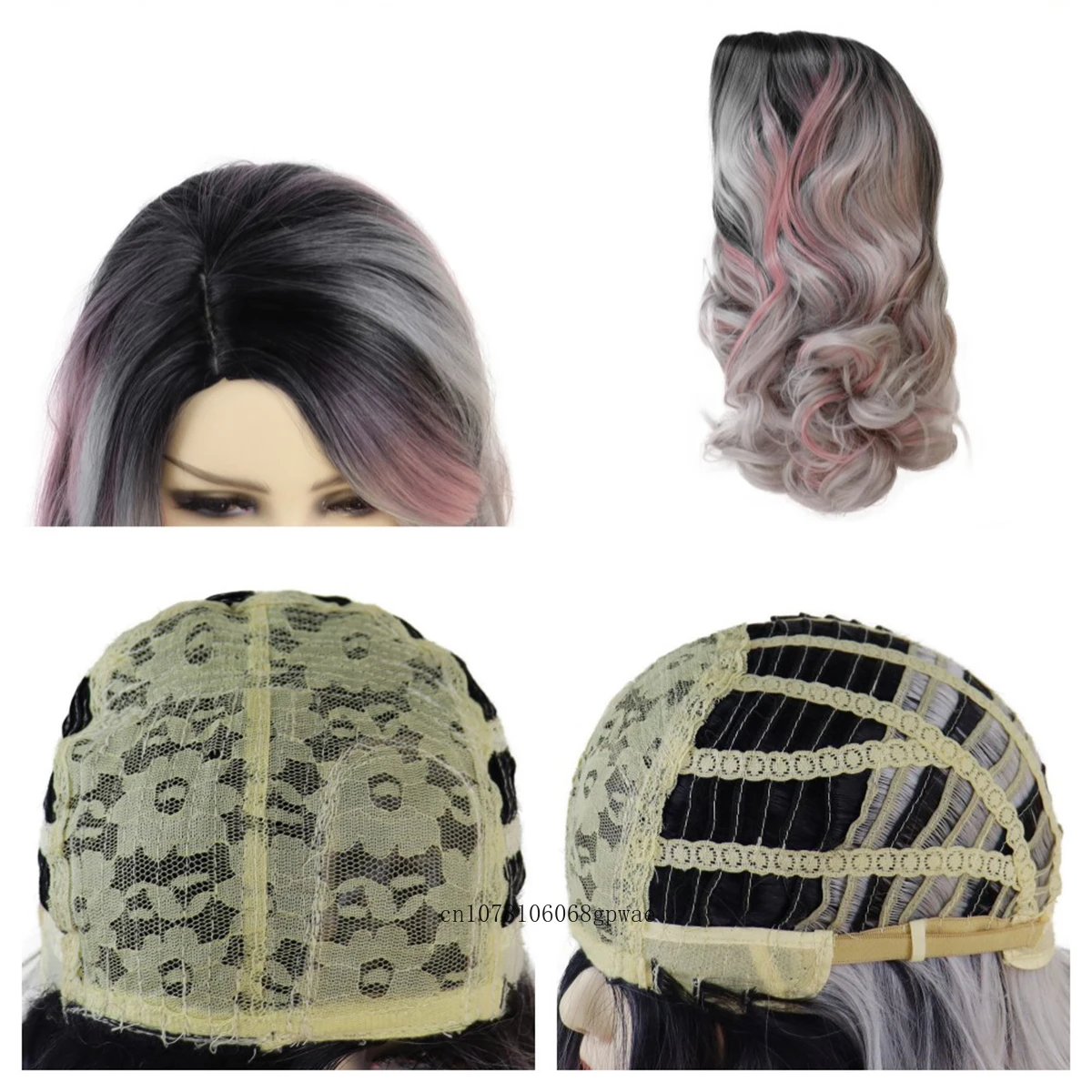 Misto rosa cosplay lolita peruca sintética raiz escura longo encaracolado perucas para mulheres meninas beleza macia cabelo traje festa de halloween