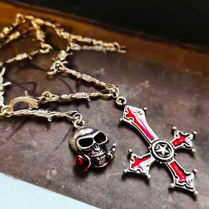 Bloody Skull Rose Inverted Cross Pendant Necklace Vintage Gothic Cross Pendant Necklace Devil Lucifer Satan Satanic Jewelry