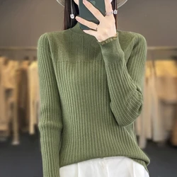 Autumn Winter Women's Soft Wool Sweater Lace Half-high Collar Twisted Pullover Casual Basis Top Female Slim Elasticity Knitwear