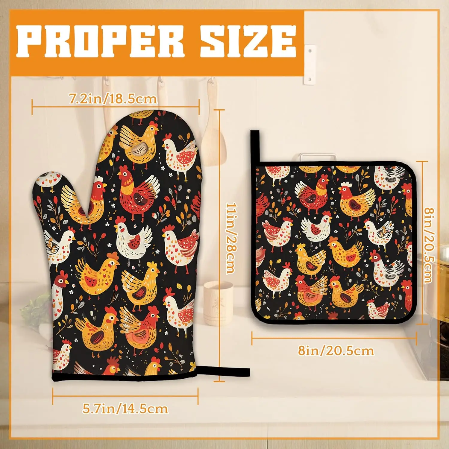 Colorful Rooster Oven Mitts and Pot Holders,Cute Chicken Heat Resistant Oven Mitts Gloves and Pot Holder