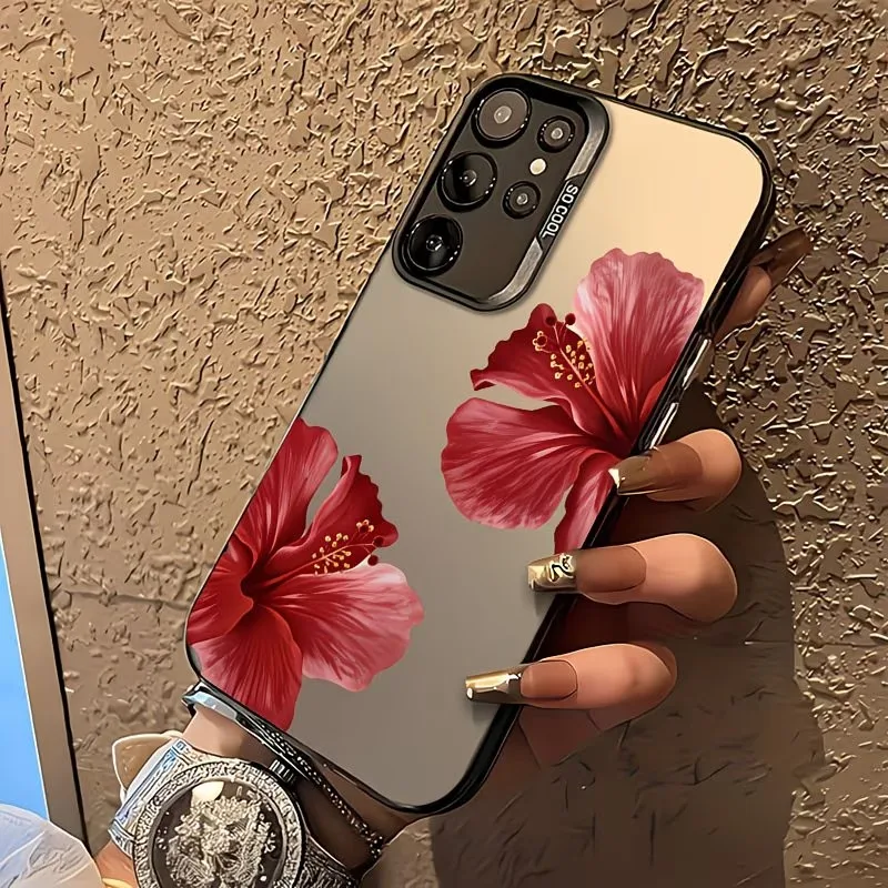 Red Hibiscus Floral Pattern Phone Case For Samsung Galaxy A73 A72 A71 A56 A55 A54 A53 A52 A51 A50 Gradient Color Silver Cover
