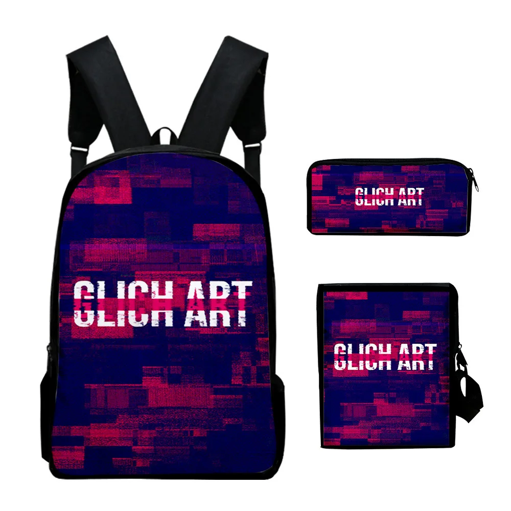 Popular Novelty glitch art 3D Print 3pcs/Set pupil School Bags Laptop Daypack Backpack Inclined shoulder bag Pencil Case