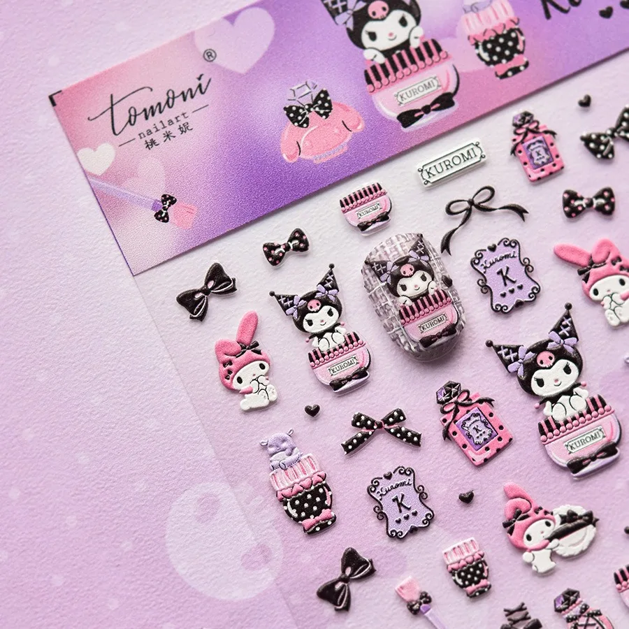 1 pièces 5D Sanrio dessin animé Kuromi mélodie ongles autocollants Anime Nail Art décoration Hello Kitty Pochacco Nail Art décalcomanies