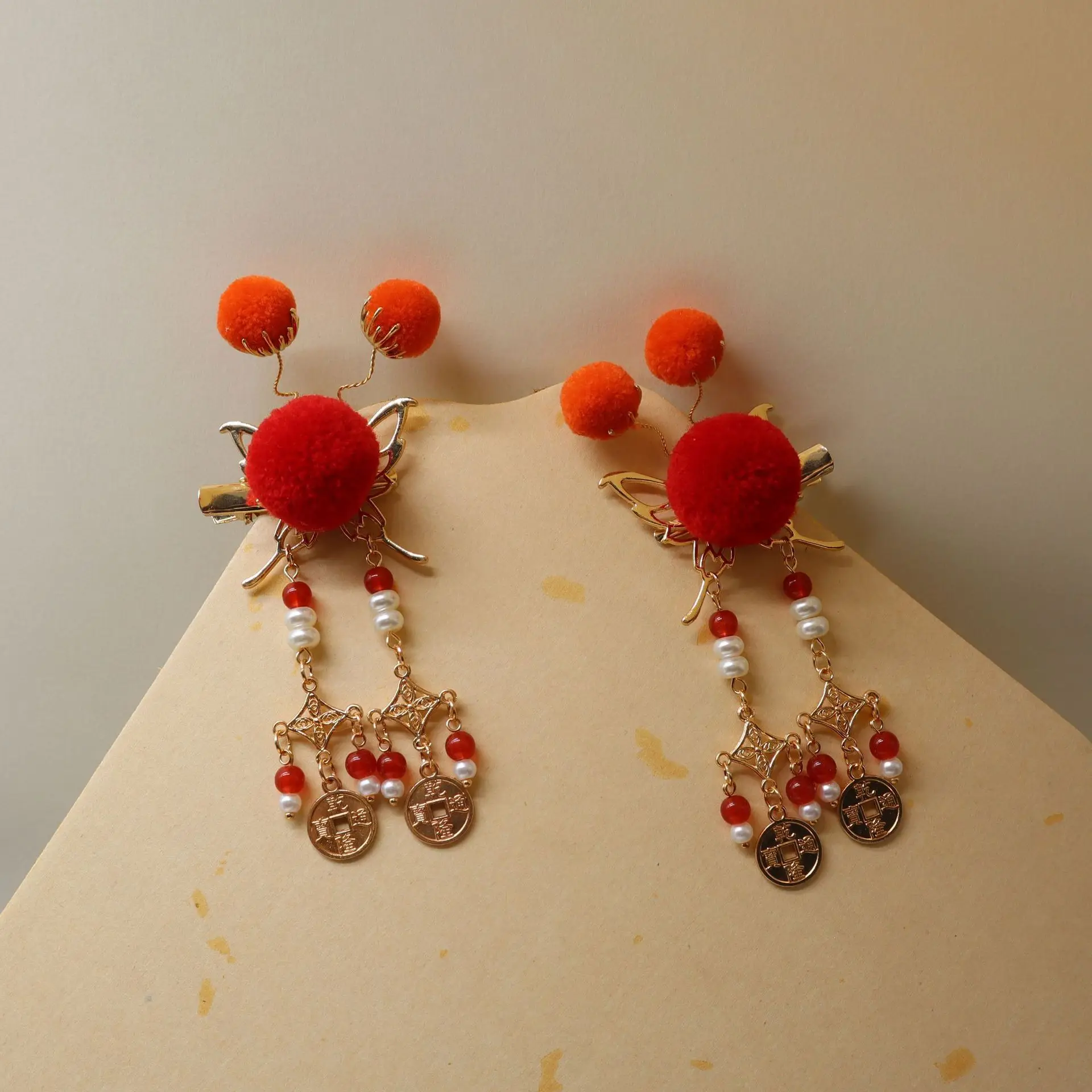 Chinese New Year Red Pom Pom Hair Accessories Set Spring Festival Headdress Tassel Coin Charms Clips Pins Ear Hooks Or Ear Clips