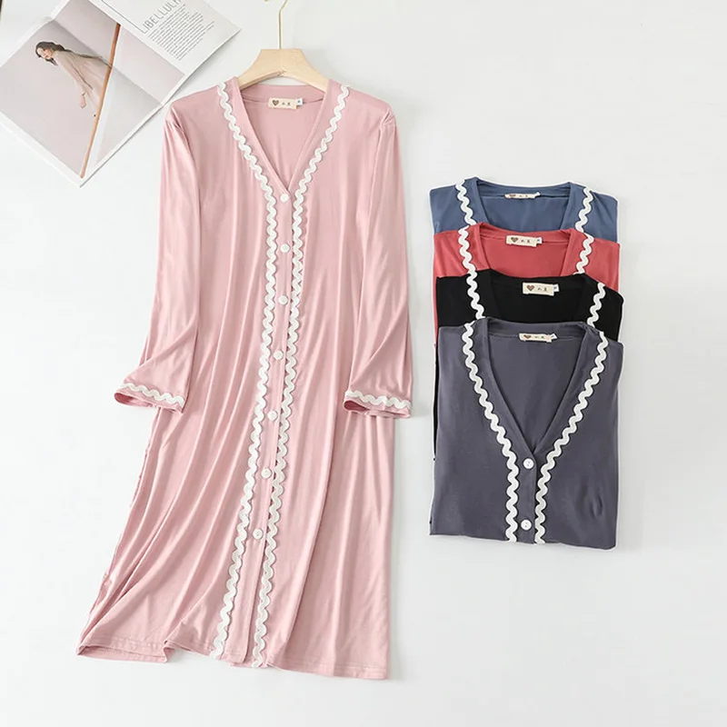 Plus Size Women Nightgowns Autumn Long Sleeve Fashion Button Sleepwear Dress Loose Casual Home Wear Pajamas Nightdress Female