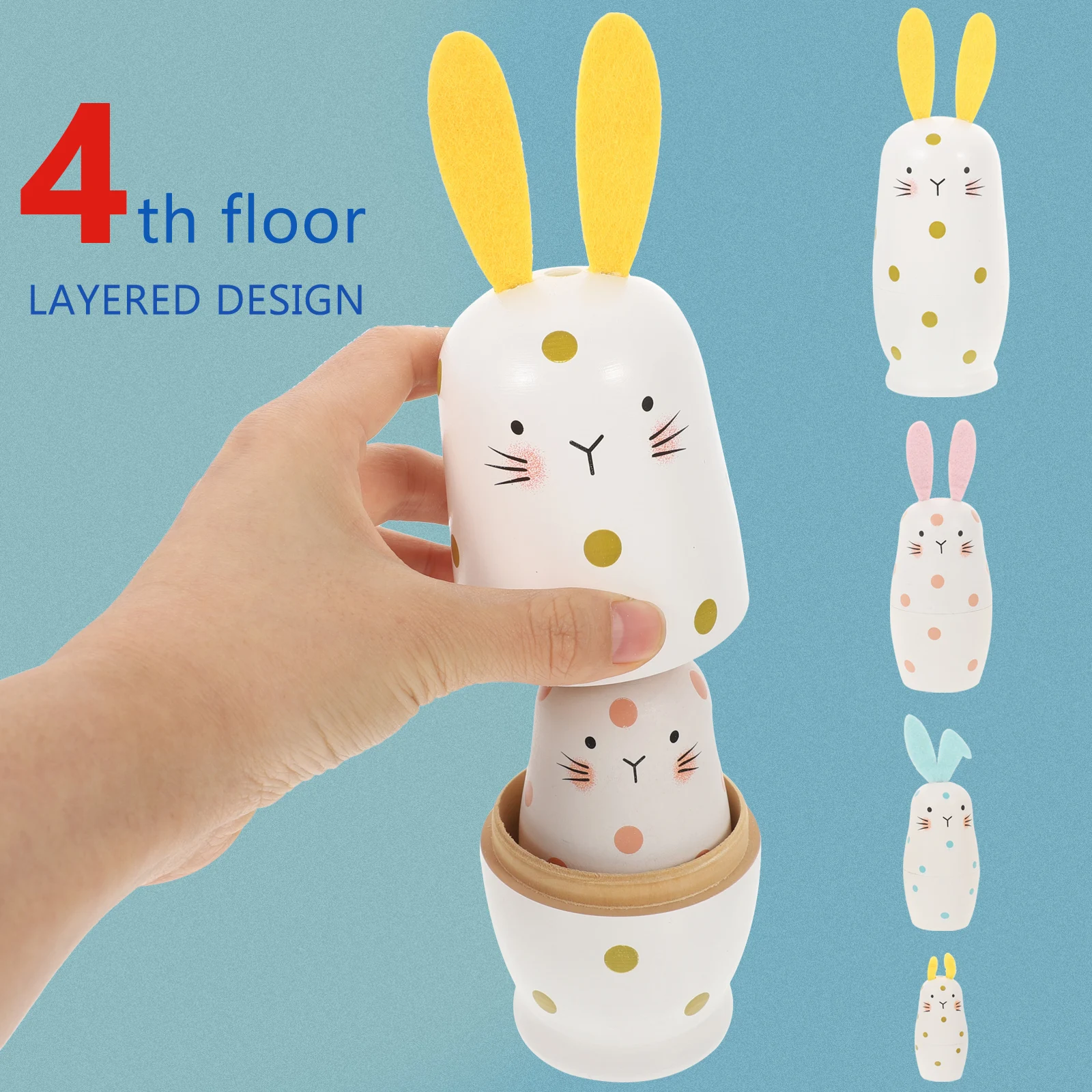 

Wooden Russian 4-layer Bunny Design Nesting Safe Kids Plaything Home Decor Non-fading Cartoon Creative Fun Toy