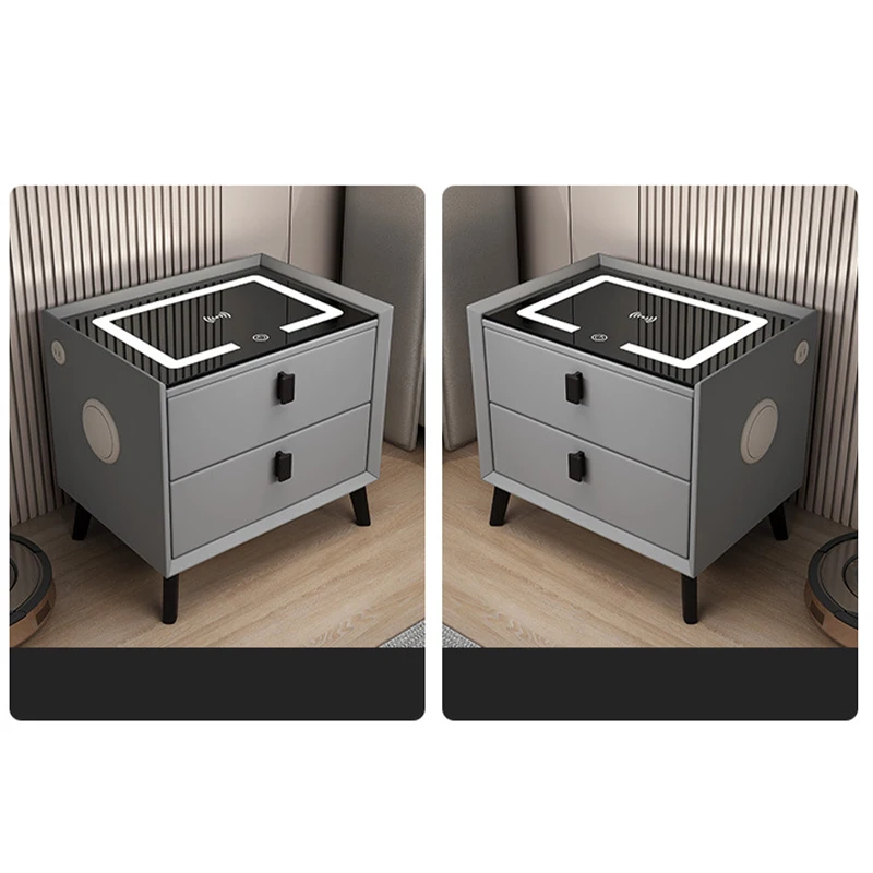2025 Modern Design Solid Wood Smart Bedside with LED Light Two Drawer Storage Cabinet for Bedroom and Hotel/Bathroom