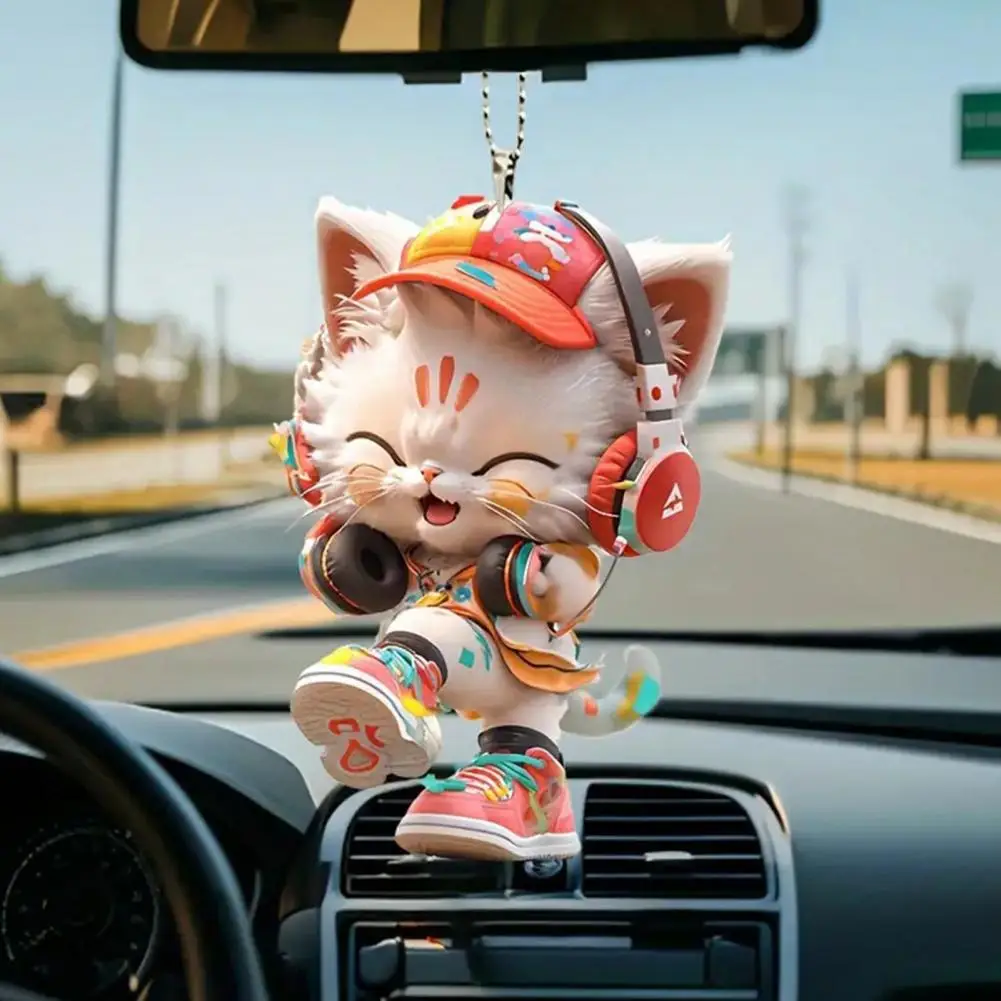 Acrylic Cat Hanging Ornament Car Rearview Mirror Pendant with Lanyard Playful Cat Pendant Animal-Shaped Christmas Tree Pendant