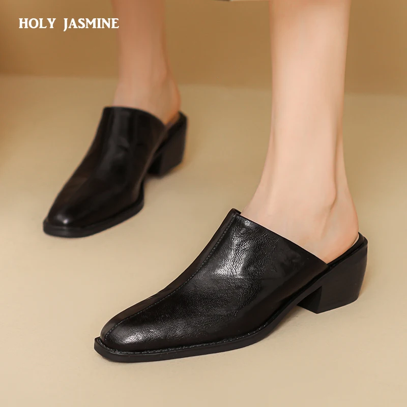 2024 New Summer Women Mules Shoes Genuine Leather Shoes for Women Cover Toe Chunky Heel Slippers Round Toe Black Women Sandals