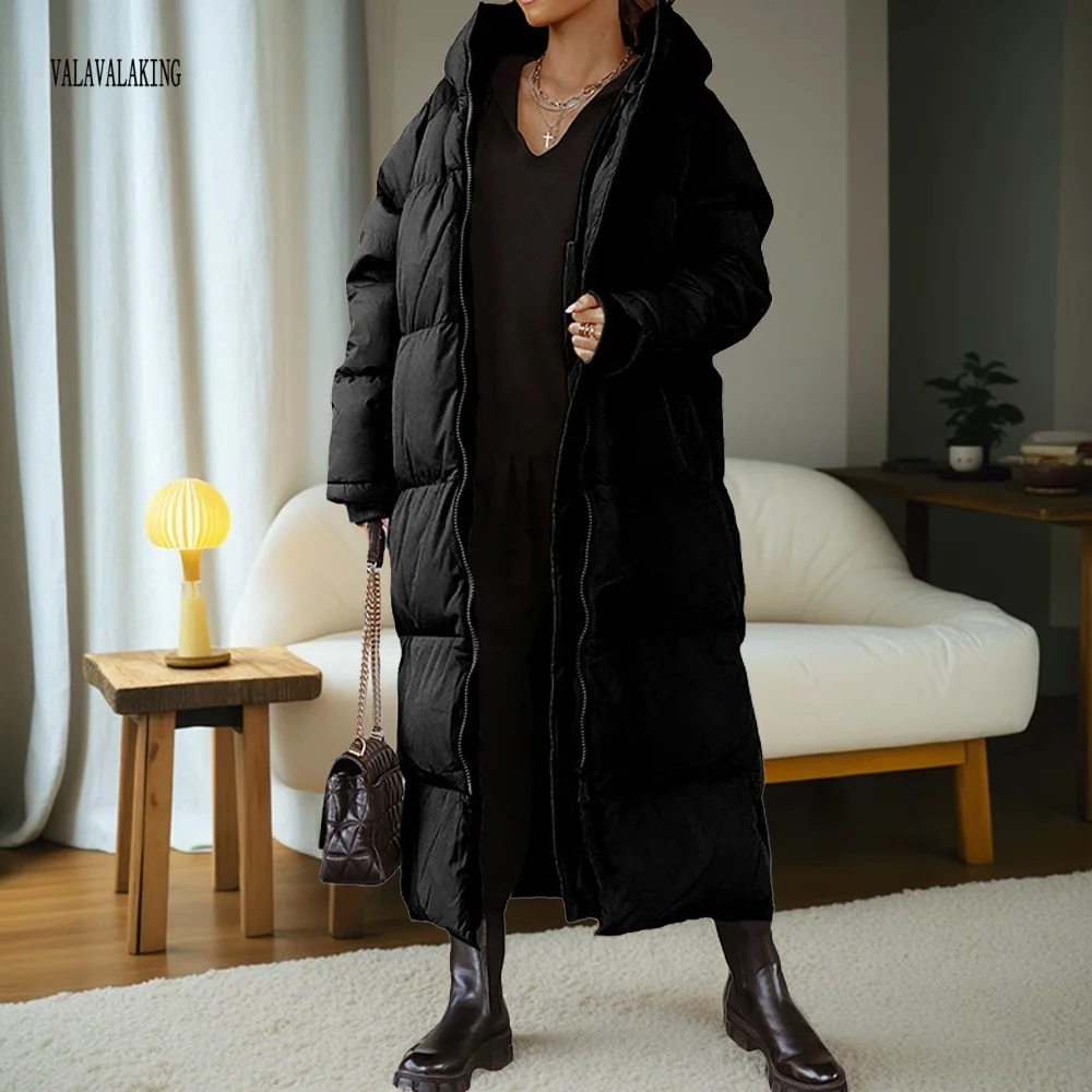 2025 Winter Solid Plus Size Hooded Long Coat Women Elegant Pocket Long Sleeve Jacket Lady Loose Large Zipper Thick Warm Outwear