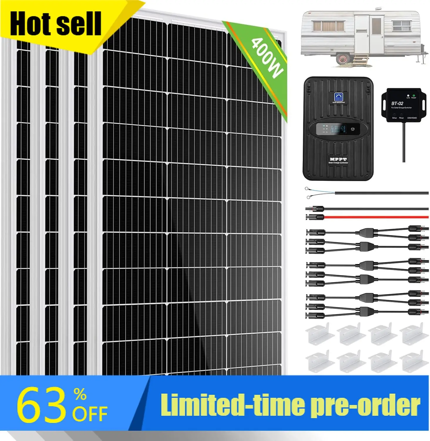 

Комплект солнечных панелей премиум-класса 400 Вт, 12 В: 4 солнечные панели по 100 Вт + контроллер заряда MPPT 40 А + модуль Bluetooth + монтажные Z-образные кронштейны