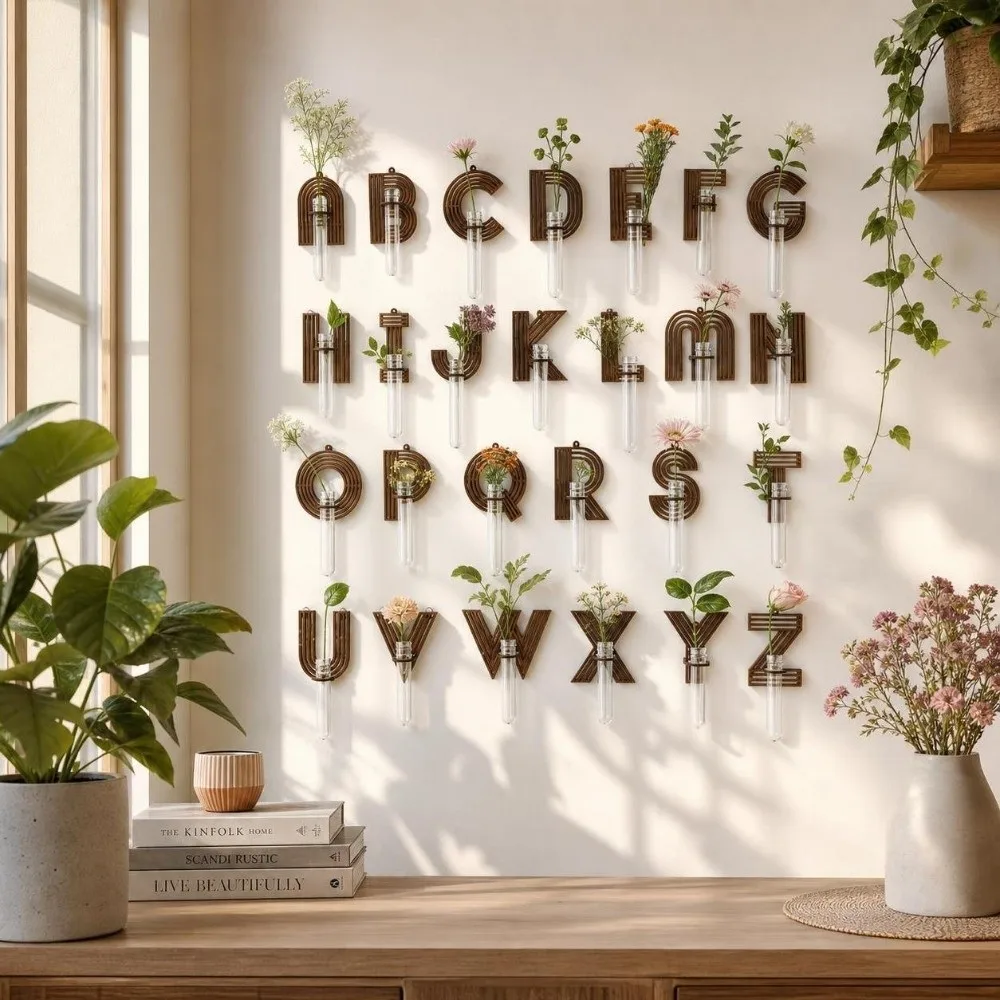Wooden Hydroponic Planter Shelf Home Ornaments A-Z Alphabet Wall Decoration Hollow Out Geometric Wall Mounted Planter