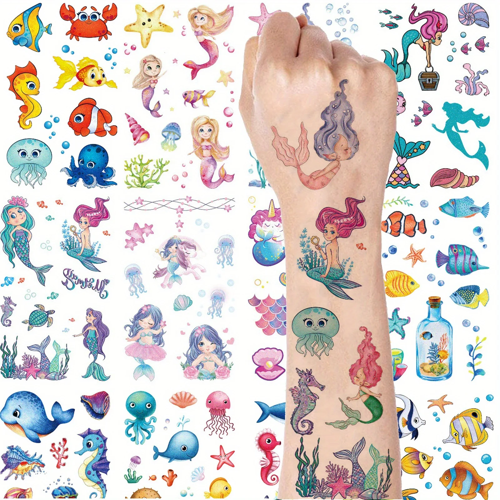 12 Lembar Stiker Tato Glitter Putri Duyung Hewan Laut Stiker Tato Temporer, Desain Lucu Tahan Air Palsu untuk Bawah Air