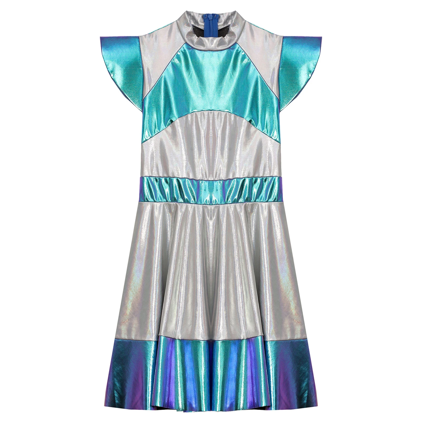 Kids Girls Alien Outer Space Role Play Dress Halloween Cosplay Cutie Costume Cap Sleeve Glossy Metallic Color Block Dress