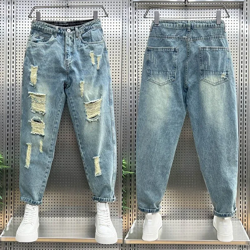 

Foufurieux New Ripped Jeans Men Clothes Loose Stretch High Waist Jeans Male Denim Pants Oversize Vintage Jean Trousers Harajuku