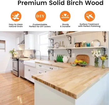 Solid Birch Butcher Block Countertop, Unfinished Wood Table Top - Custom Size for DIY Kitchen Island, Desk, Workbench