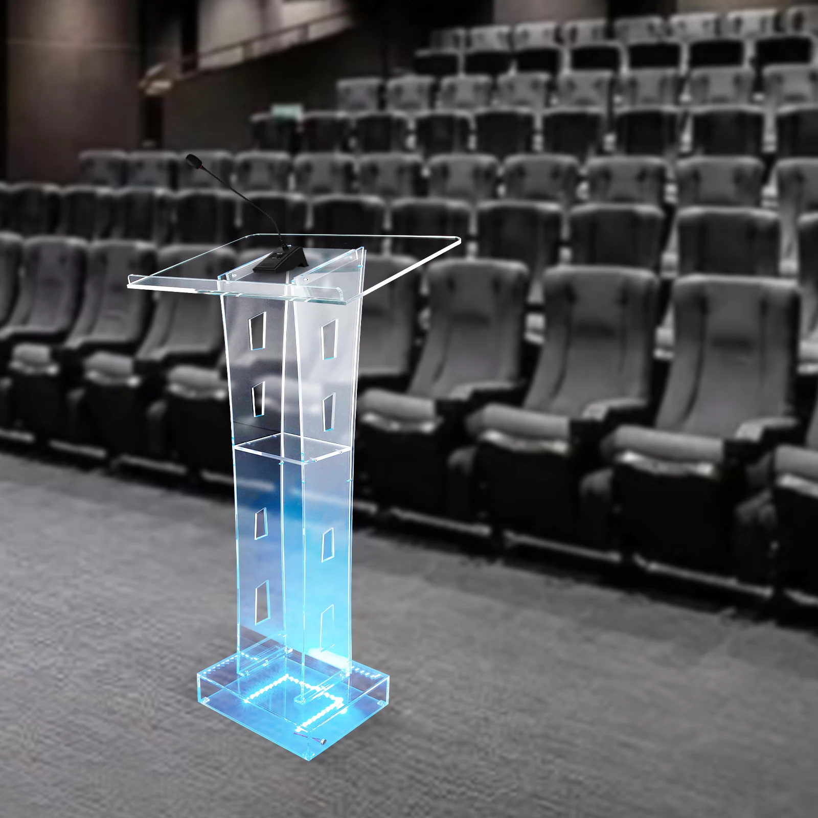 Acrylic Clear Podium Lectern Church Conference Pulpit with Blue Led Lights Academy Classroom Pulpit for School Speeches 43.3inch