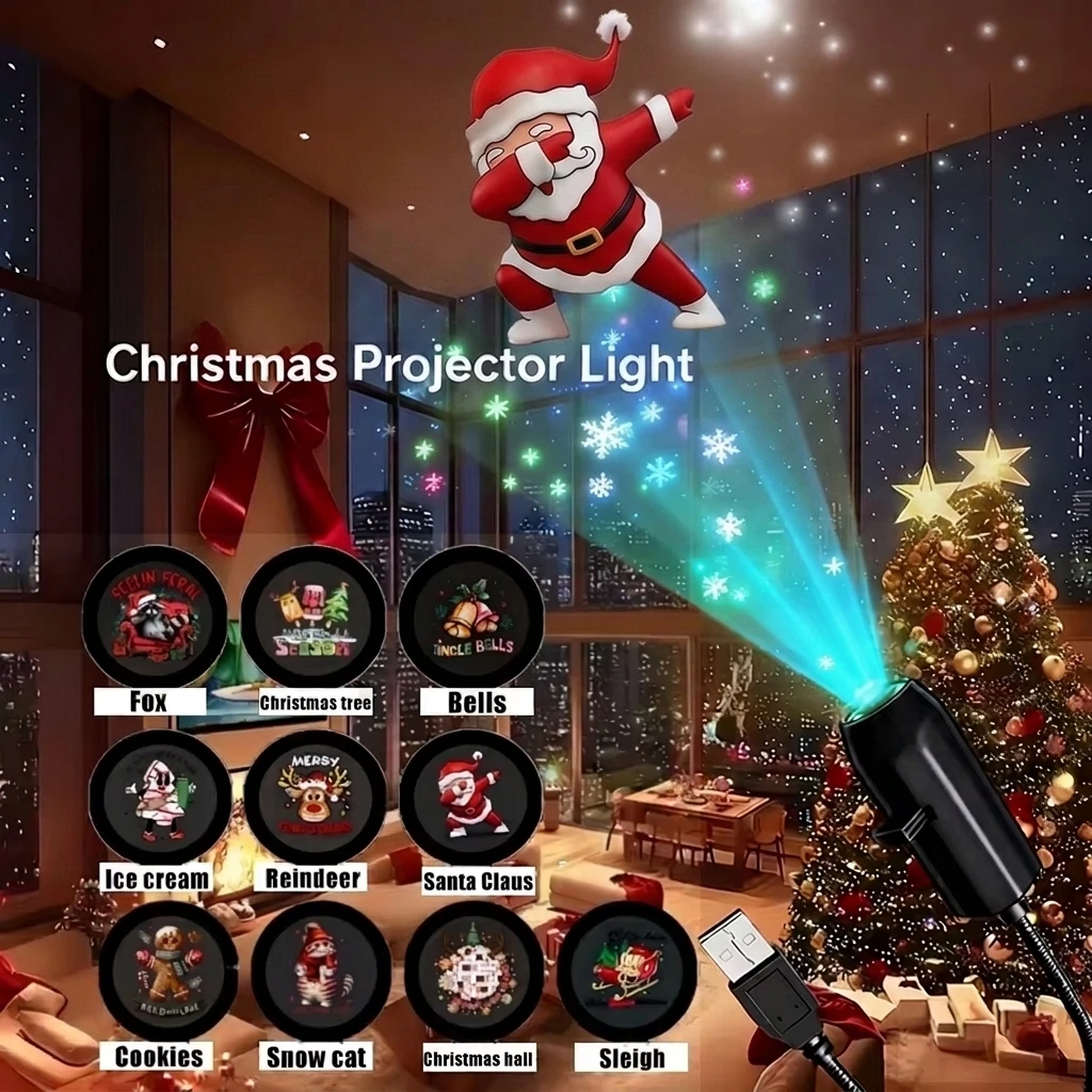 Christmas Projector Light 4/6/10PC Pattern Adjustable USB Projector Night Light for Halloween Atmosphere Lamp Room Ceiling Decor