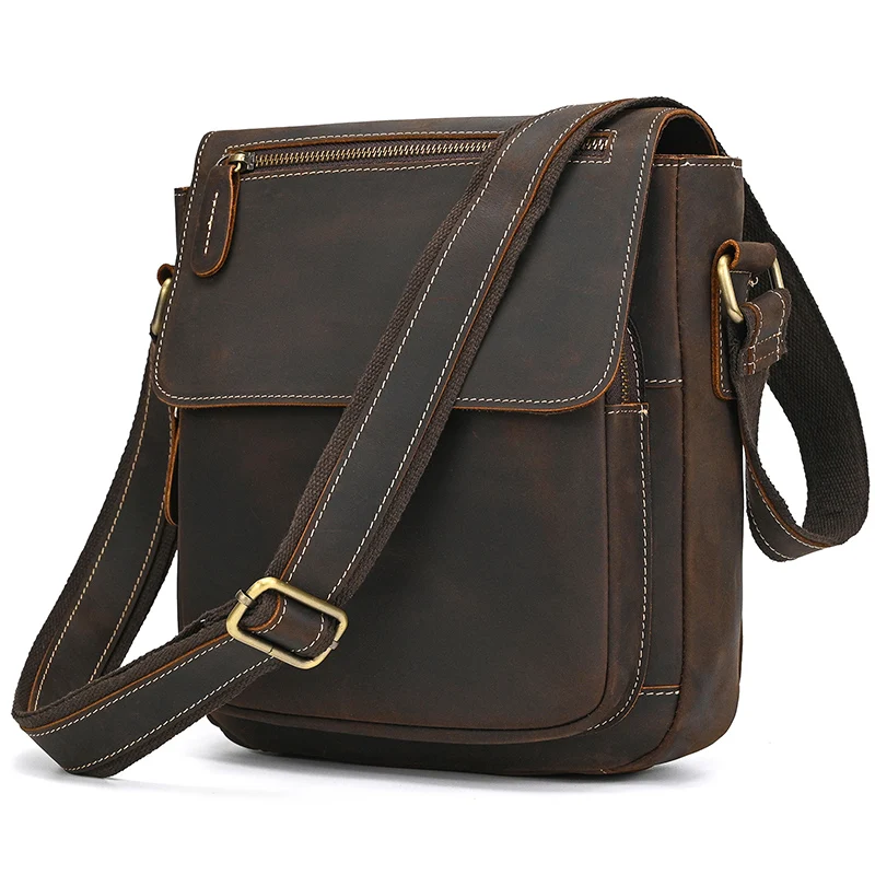 Men's Vintage Genuine Leather iPad Messenger Bag Thick Cow Leather Shoulder Bag Small Casual Crossbody Bag Cowhide Briefcase
