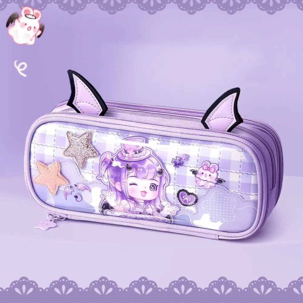 Large Capacity Angel Pencil Cases Waterproof Girl Rabbit Angel Pencil Bag Pink/Purple Three Layers Angel Pen Box Children Gifts