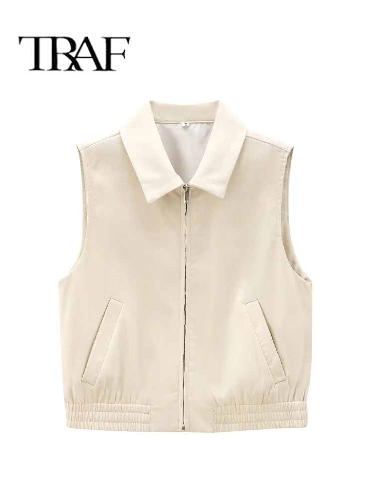 TRAF Autumn 2PCS Women Casual Shorts Vest Set Chic Sleeveless Shirt Style Pockets Zipper Vest Top Fashion Short Pants