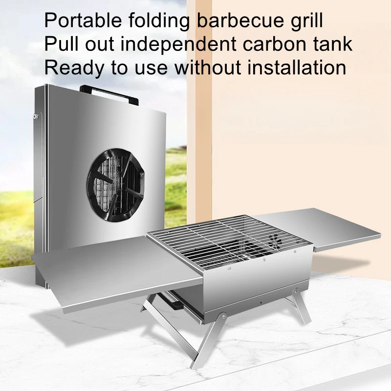 Stainless steel barbecue grill, outdoor camping folding barbecue grill, household pull-out charcoal trough barbecue grill