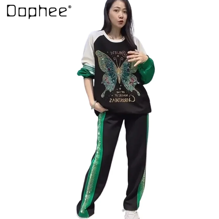 

Butterfly Rhinestone Sportswear Two-Piece Sets Women's Autumn Round Neck Pullover Cartoon Long Sleeve Sweatshirt and Pants Set