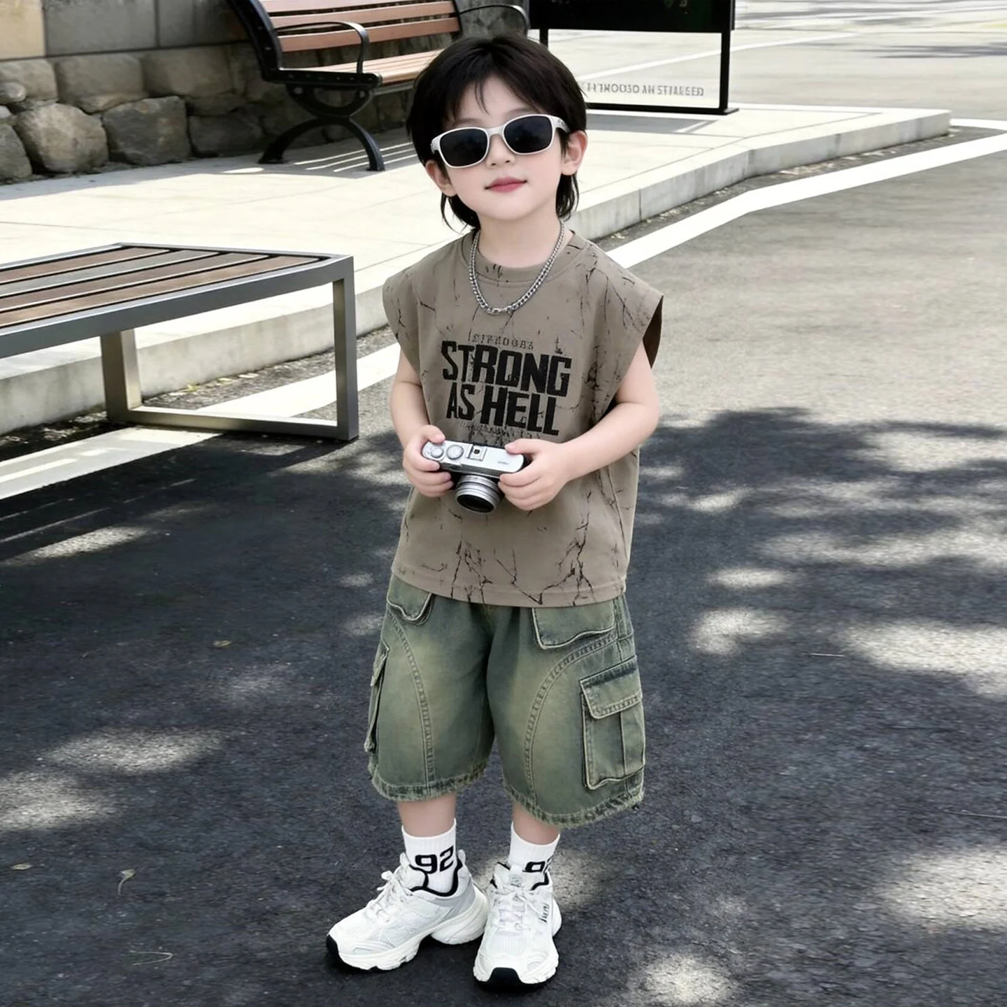 Trendy Baby Boys Casual Summer Outfit, Graffiti Sleeveless Tank Top & Loose Denim Cargo Shorts Fashion Street Style Clothing Set