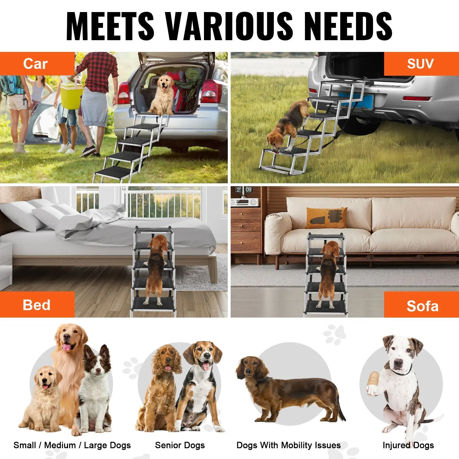 Dog Stair for Cars, Wide 5-step, Folding Ramp with Nonslip Surface, Portable Pet Lightweight Aluminum, SUV and Truck, Supports