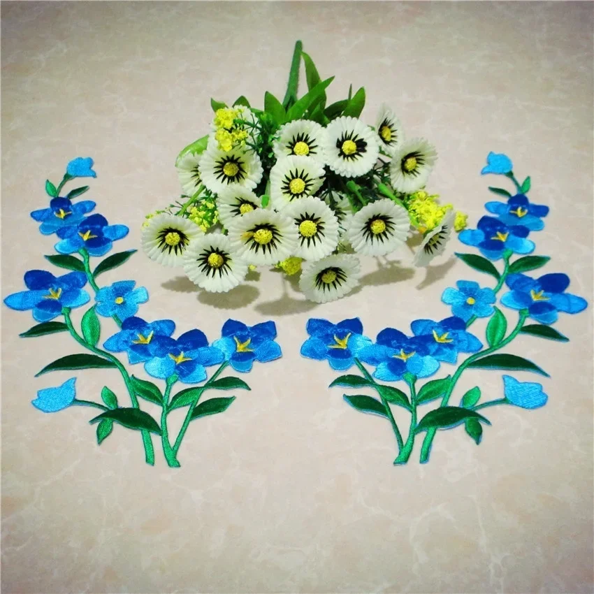 2pcs Blue Flower patch Embroidered Iron On Patches for Clothing Sticker Garment Appliques DIY Accessory