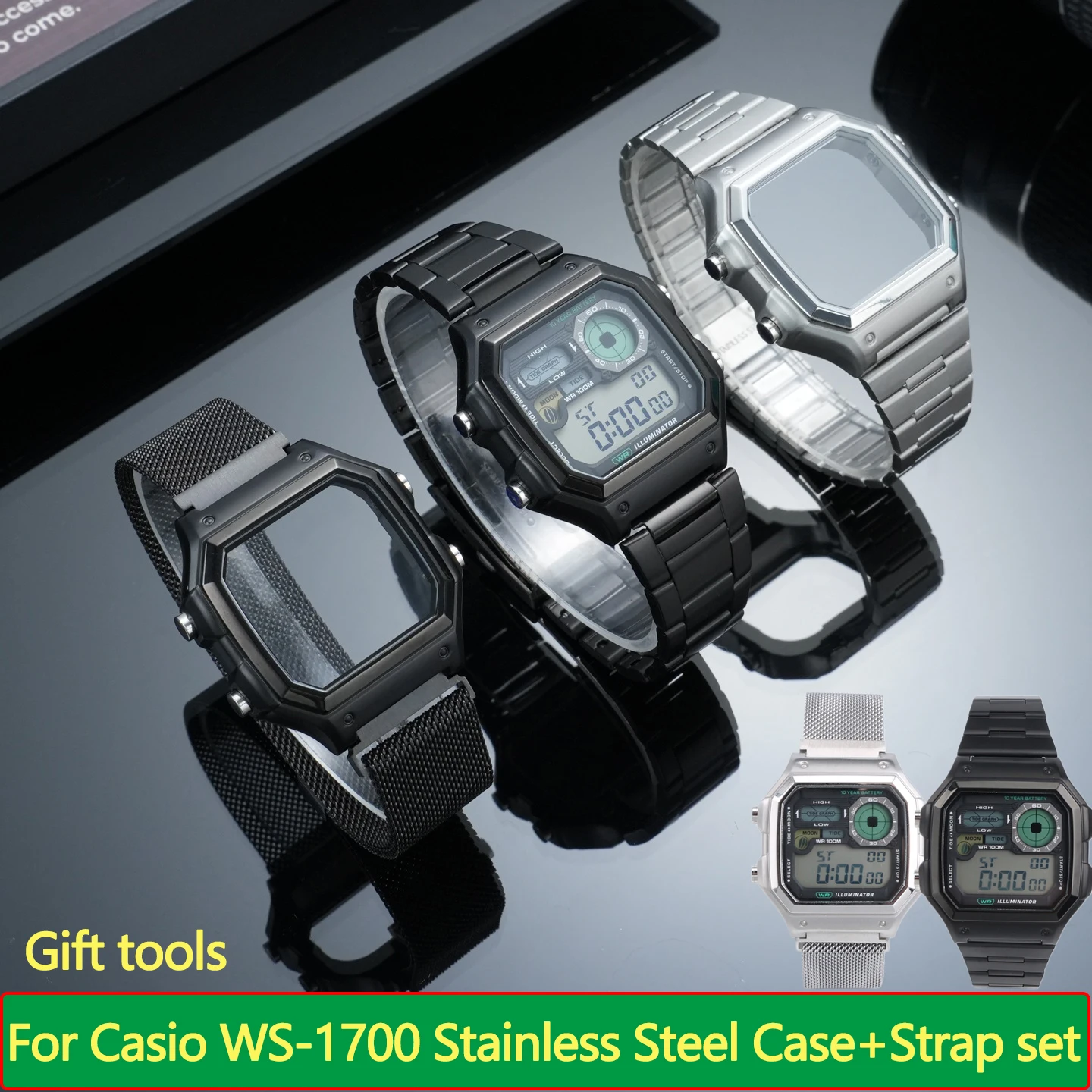 WS1700 Upgraded Stainless Steel Case +band mod Kit For Casio Watch WS-1700 Modified Metal Magnetic Strap Men's Watch Accessories