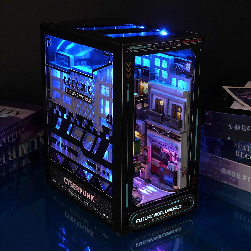 Imagem -04 - Madeira Miniatura Book Nook Insert Kits Faça Você Mesmo Building Kit Cyberpunk World Bookend Assembly Estante Decorações Home Decoração do Quarto de