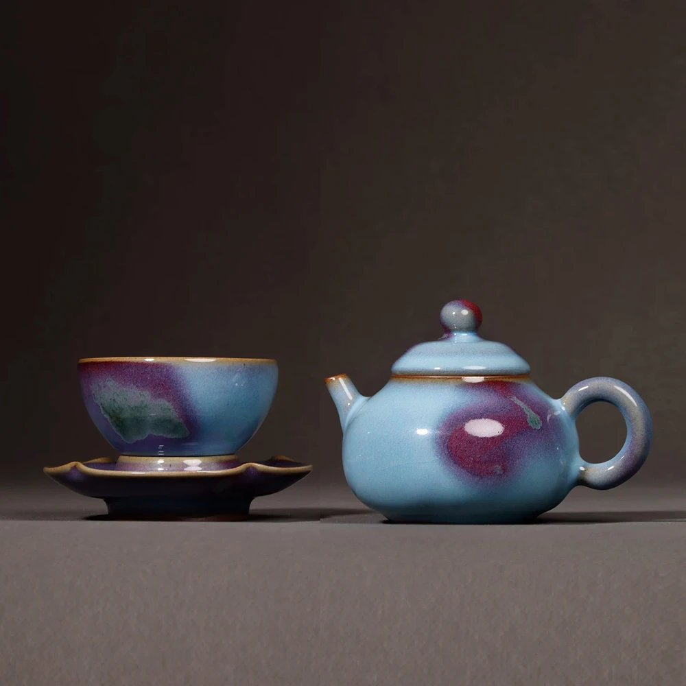 Jun Porcelain Purple Spots Teapot Small Pear-shaped Cap Pot Heart-shaped Tea Bowl Handcrafted Tea Ware by Master Liu Chuanbo