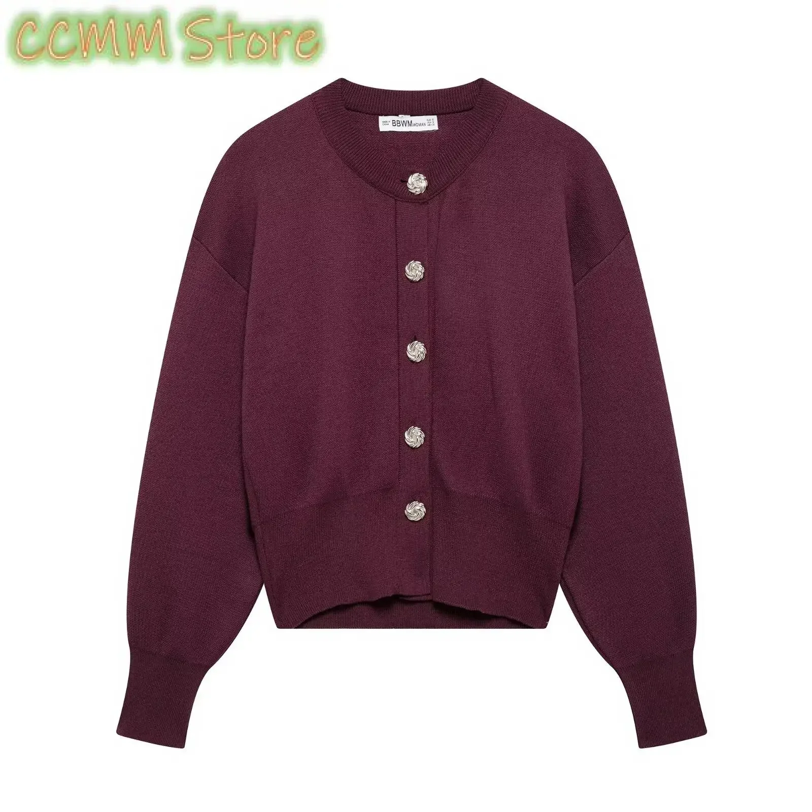 

Women Black Cropped Knit Cardigan with Large Buttons Round Neck Long Sleeves Ribbed Cuffs Autumn Knitted Sweater Coat