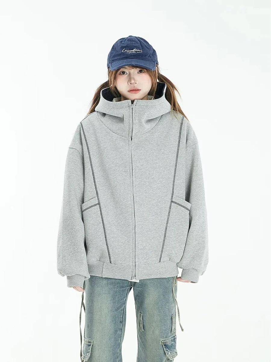 

Trendy American Heavyweight 400g Hooded Zipper Cardigan Jaet Embroidered Outline Hoodie Couple Loose Fit Long Sve Polyes...