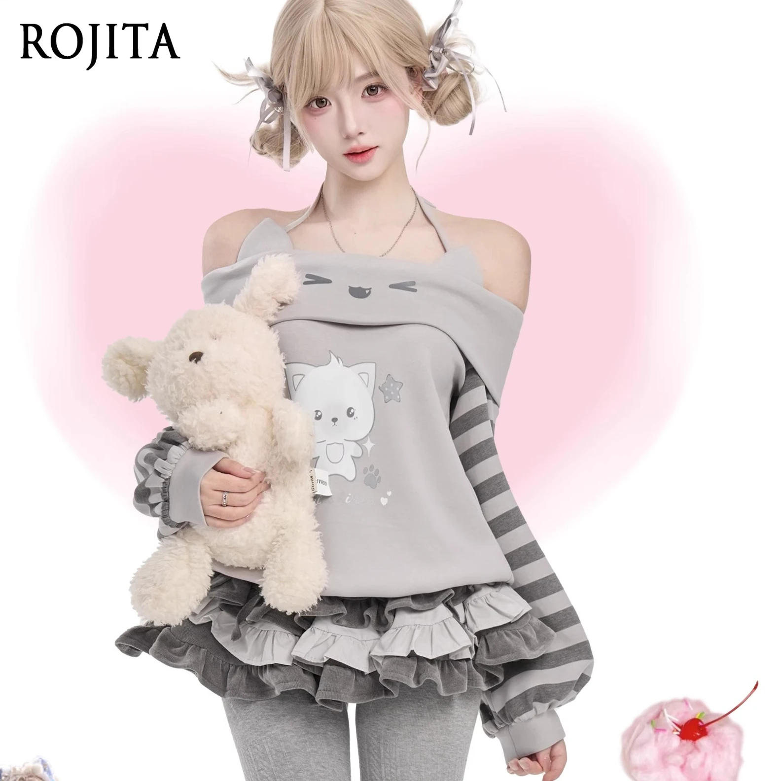 

Girl Striped Kitten Winter Off-Shoulder Halter Top Kawaii Clothes Sweatshirt Gray Striped Japanese Style Pullover Top