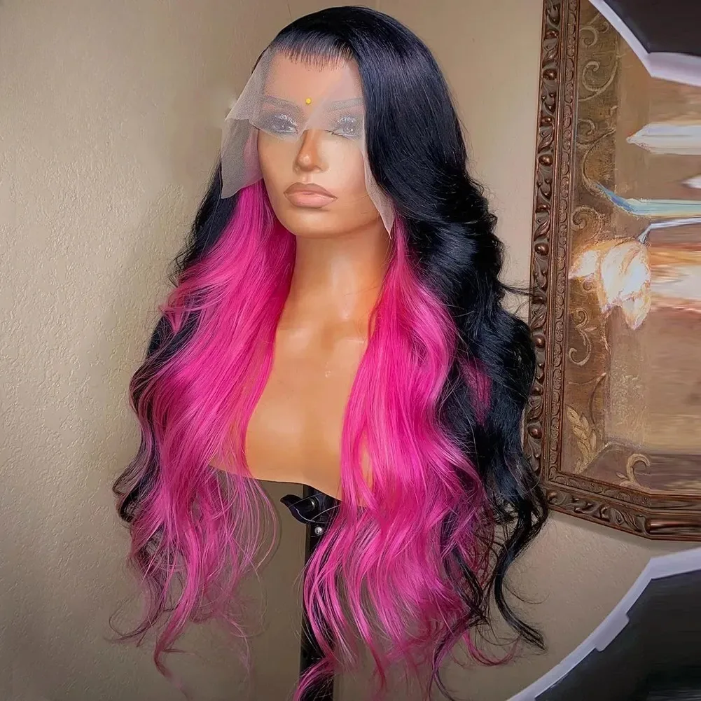 

Pink Highlight With Black Body Wave Wig Pre Plucked 13x4 HD Lace Frontal Wig Synthetic Wig High Quality Ready To Wear Cosplay