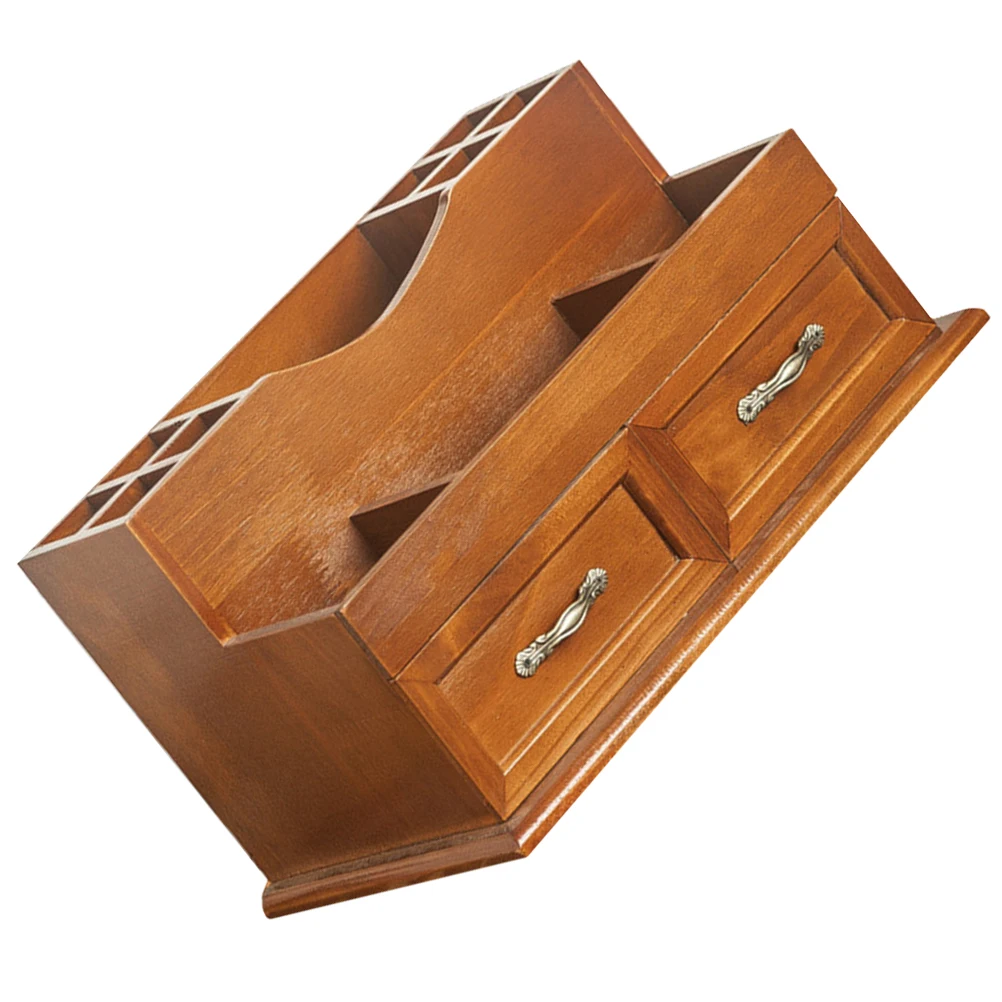 Solid Wood Storage Rack 2 grid Drawer Vintage Multi layer Jewelry ganizer Desktop Container Shallow Brown