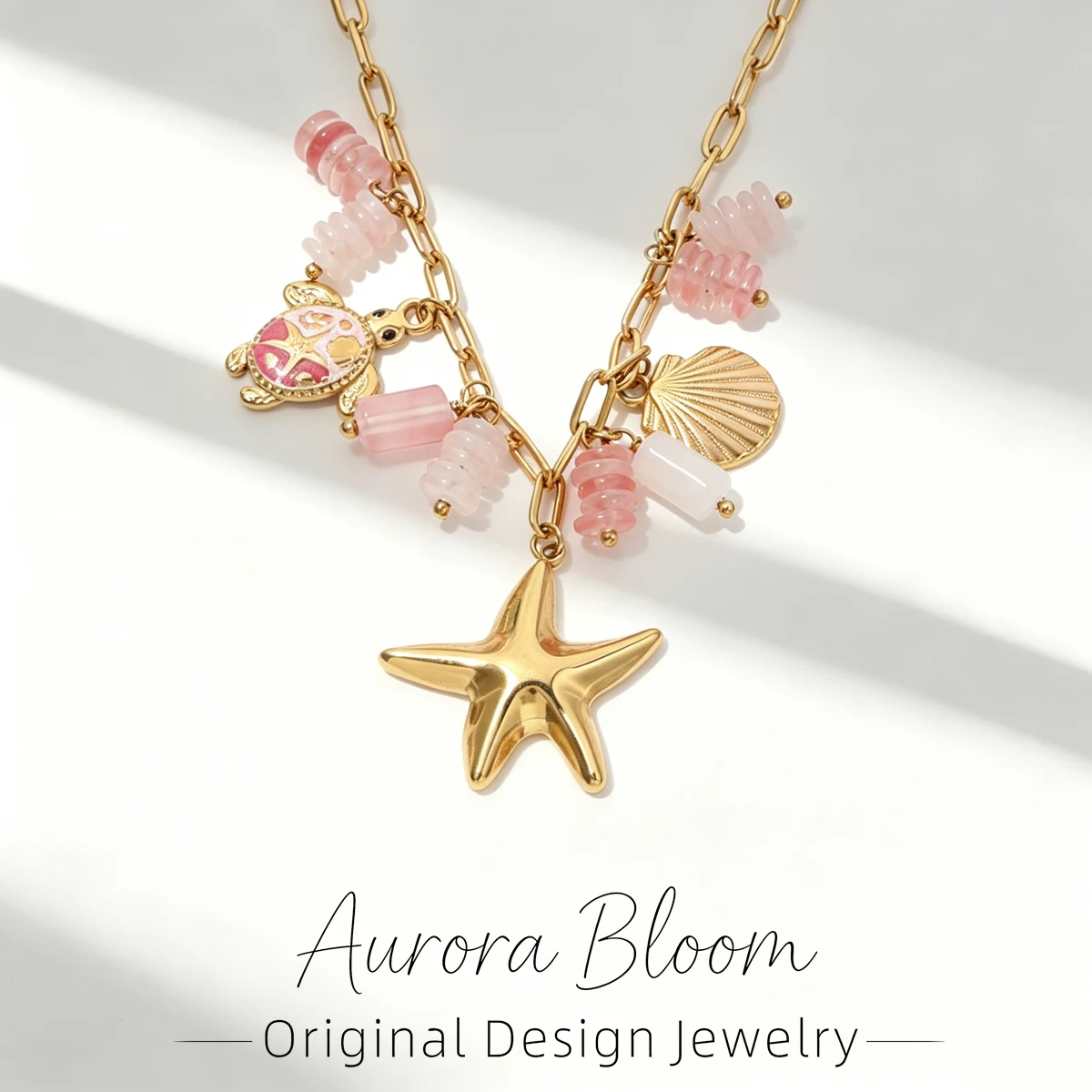 

AURORA Ocean Style Starfish Pendant Necklace For Women's Choker Necklaces Trend Pink Natural Stone Charm Stainless Steel Jewelry