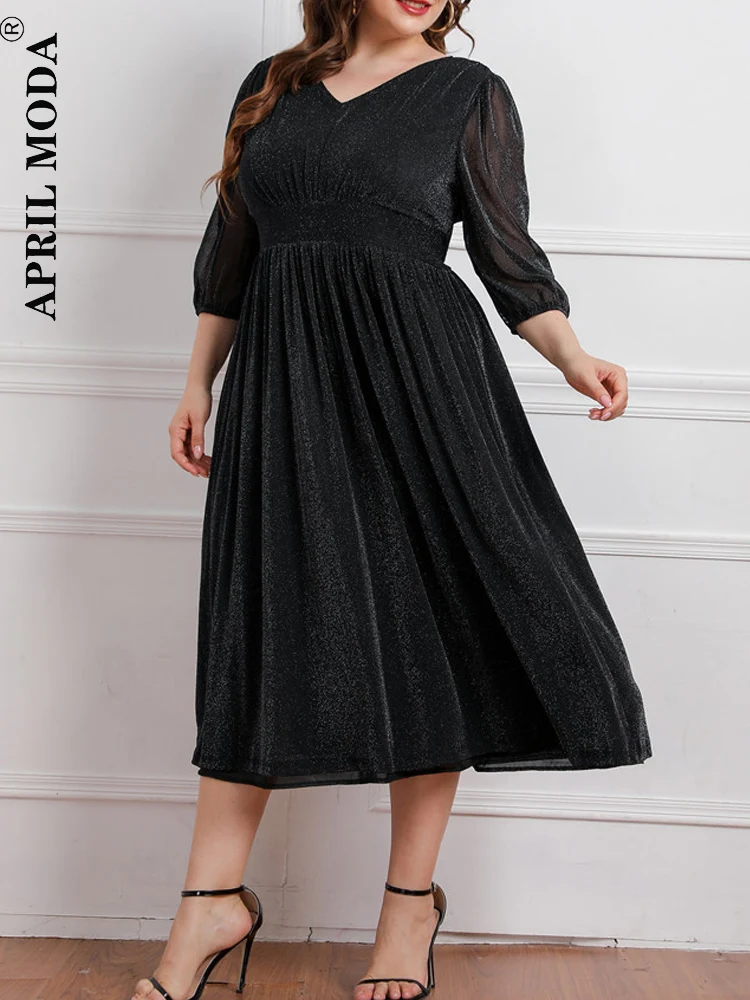 2024 Oversized 3XL 4XL Black Midi Long Casual Women's Dress V Neck 3/4 Sleeve Runway A Line Flare Retro Vintage Evening Dresses