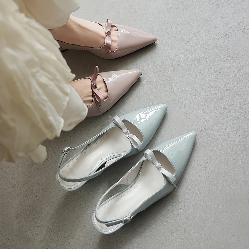 2026 new summer women sandals natural leather 22-25cm sheepskin+cowhide+pigskin pointed toe butterfly-knot high heel women shoes