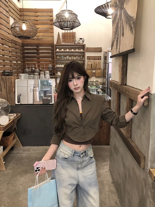 

Retro Olive Green Color Block Slim Fit Shirt Women's Fashion Top Vintage Style Fake Two-Piece Design Casual Long Sleeve Shirt