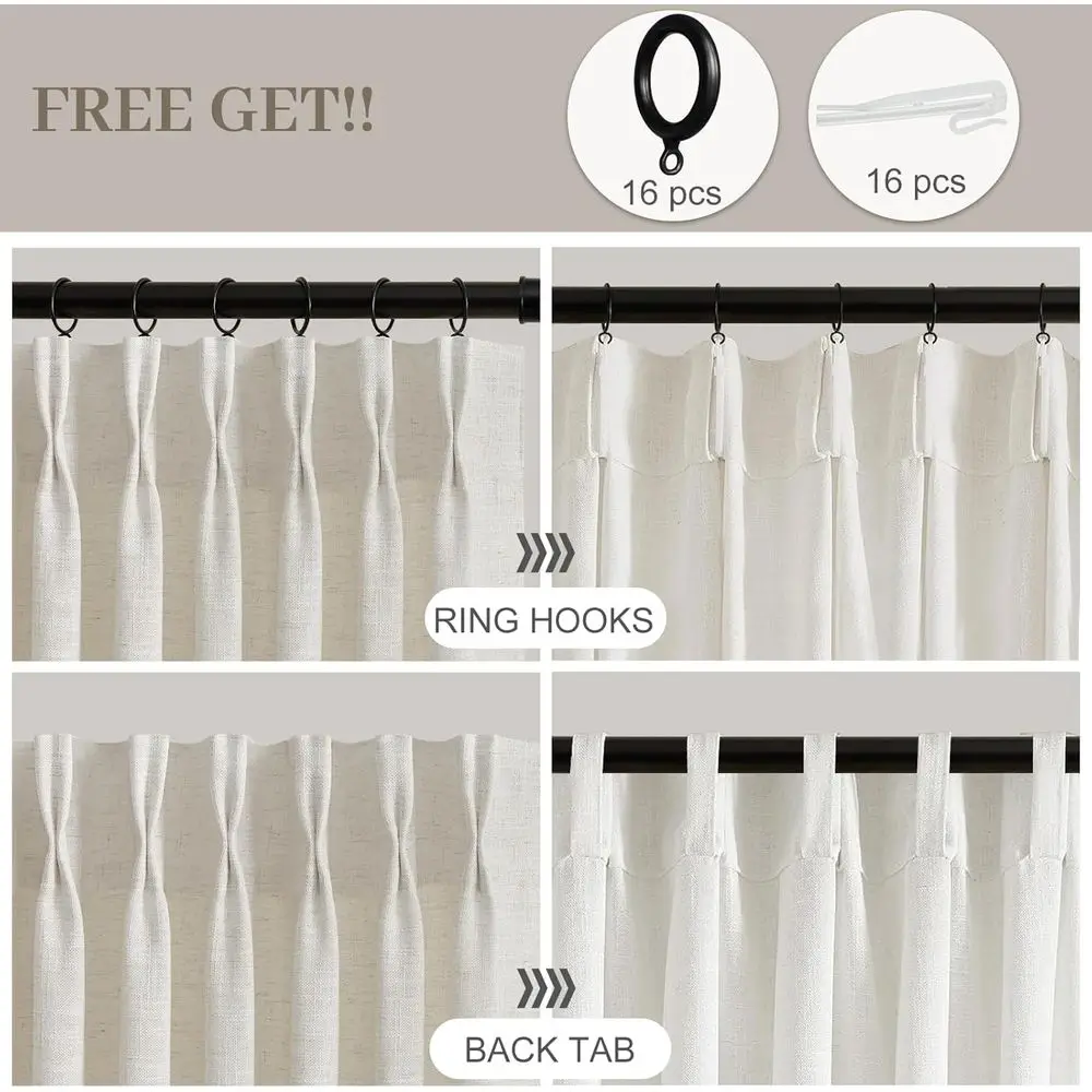 Linen Blend Sheer Curtains, 84 Long, Beige, Light Filtering with Hook Rings, 2 Panels