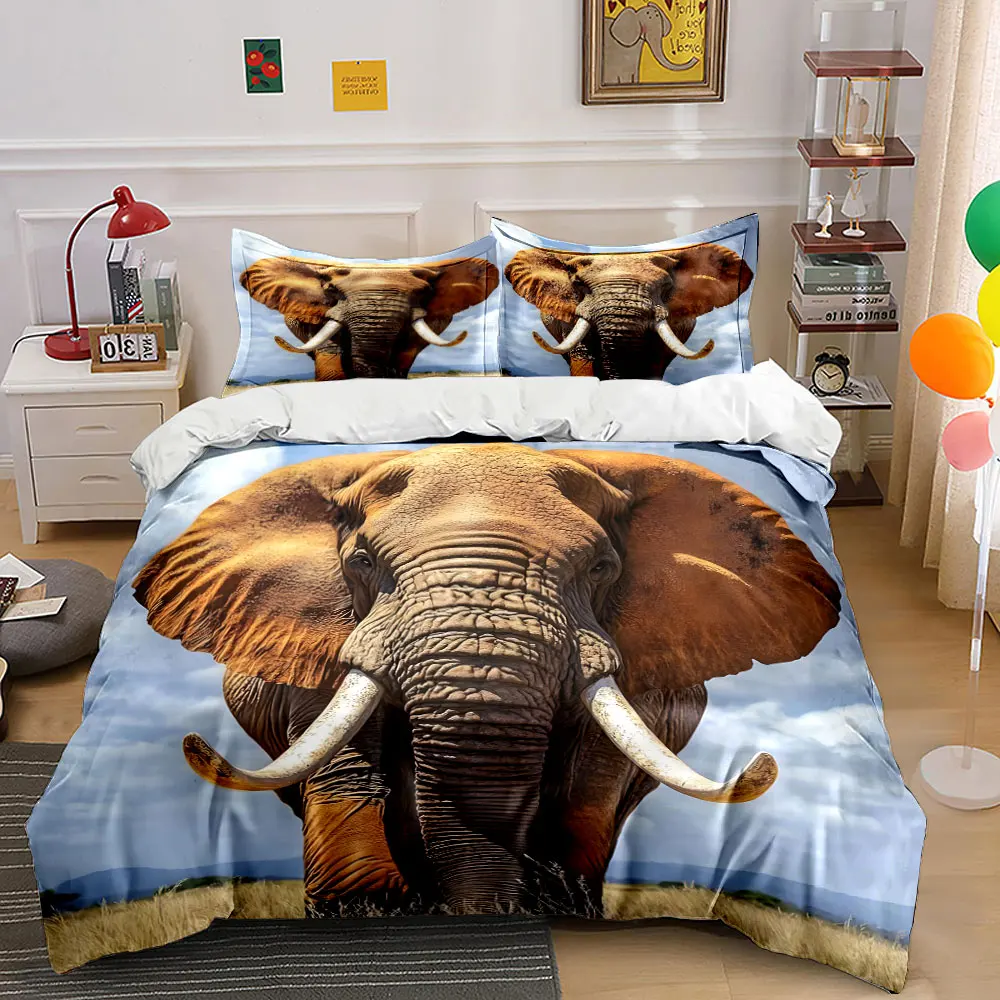 Majestic Elephant Close-Up Print Bedding Set 1 Duvet Cover 2 Pillowcases for Adult and Children Luxury Gift Full Size