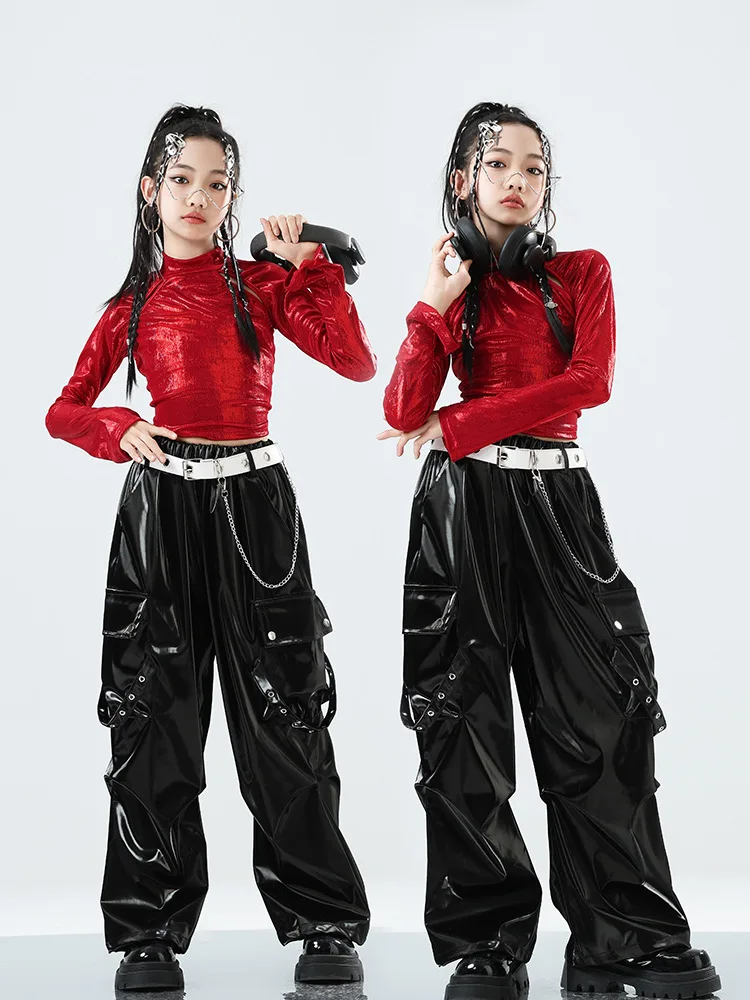 Kids Street Dance Clothing Girls Hip Hop Outfits Red Tops Black Pants Jazz Performance Clothes Group Competition Wear