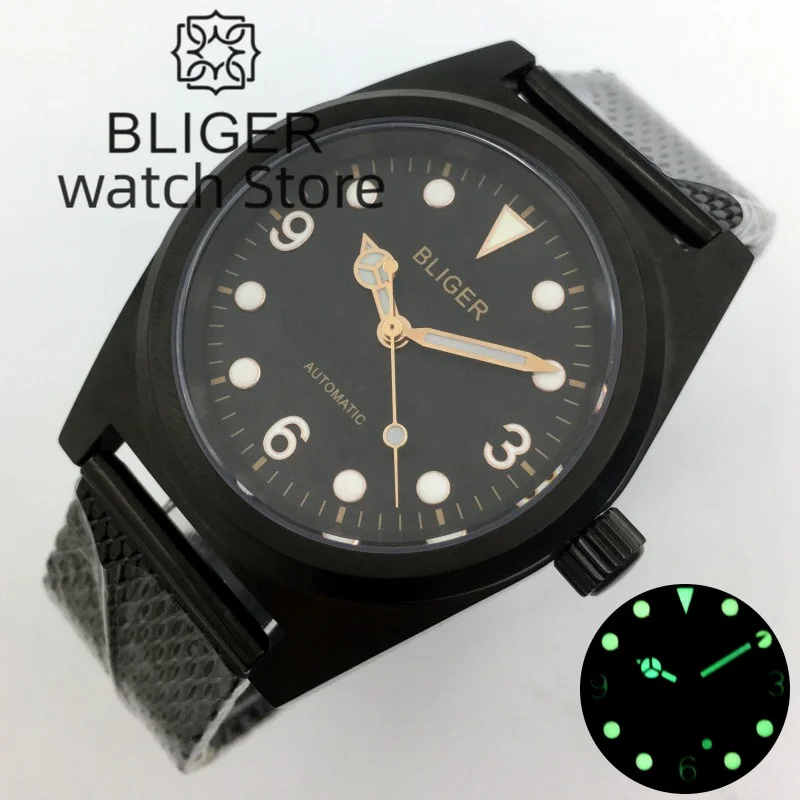 

BLIGER 38mm NH35A PVD Black Men's Diving Watch Brushed case Dome Glass Vintage 369 dial with mesh/rubber strap