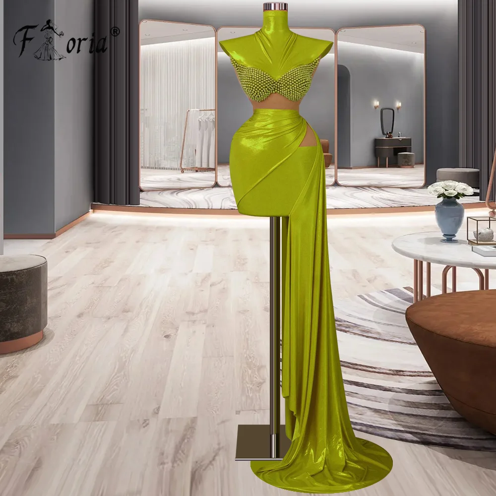 High Neck Cap Sleeve Metalic Fabric Pearls Short Cocktial Dress with Side Train Cut Out Waist Fashion Prom Dresses Graduation