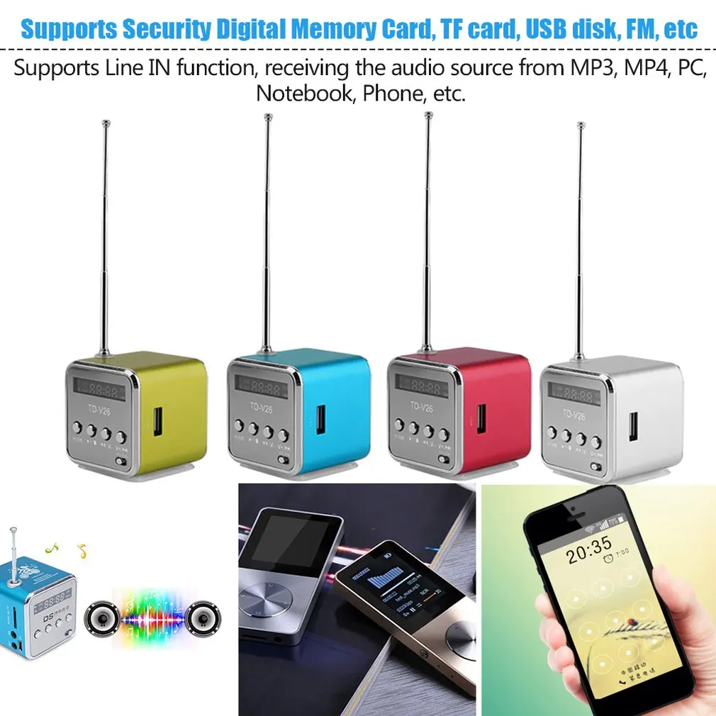 Rádio de emergência portátil com alto-falante estéreo lcd mini orador de rádio fm digital mp3 player suporte micro cartão tf