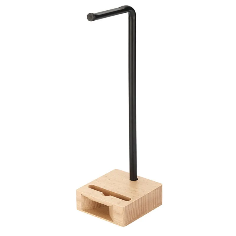 Headset Metal Rack Natural Beech Wood Durable Wireless Bluetooth Headset Holder with Solid Wood Loudspeaker Base